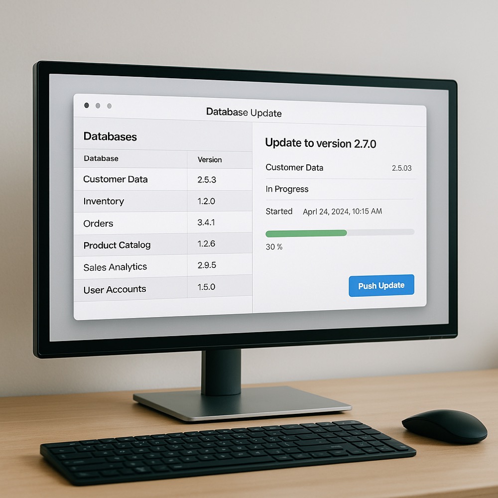 Database update interface showing client database versions and one-click update.